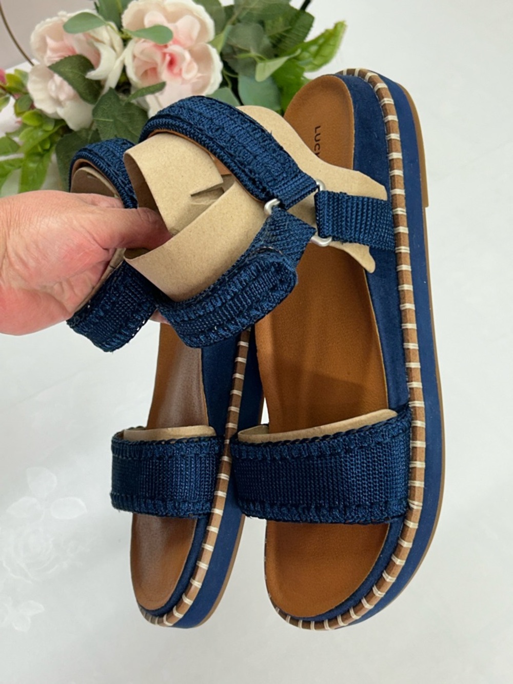 Lucky Brand Navy Textile Strap Sandals with Tan Footbed - Picture 3 of 5